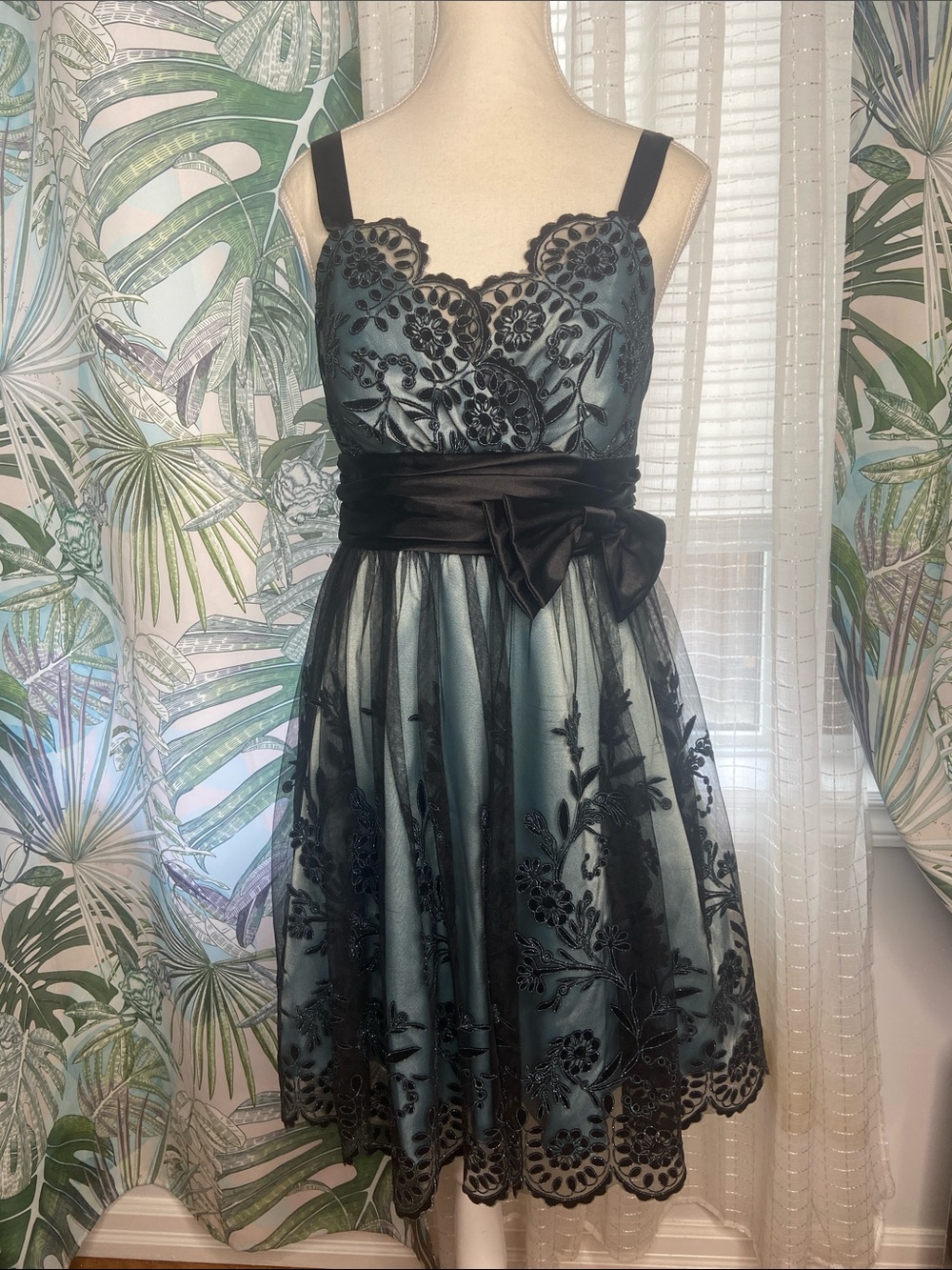 Oasis Vintage 90s Y2K Teal blue with floral lace dress size 8